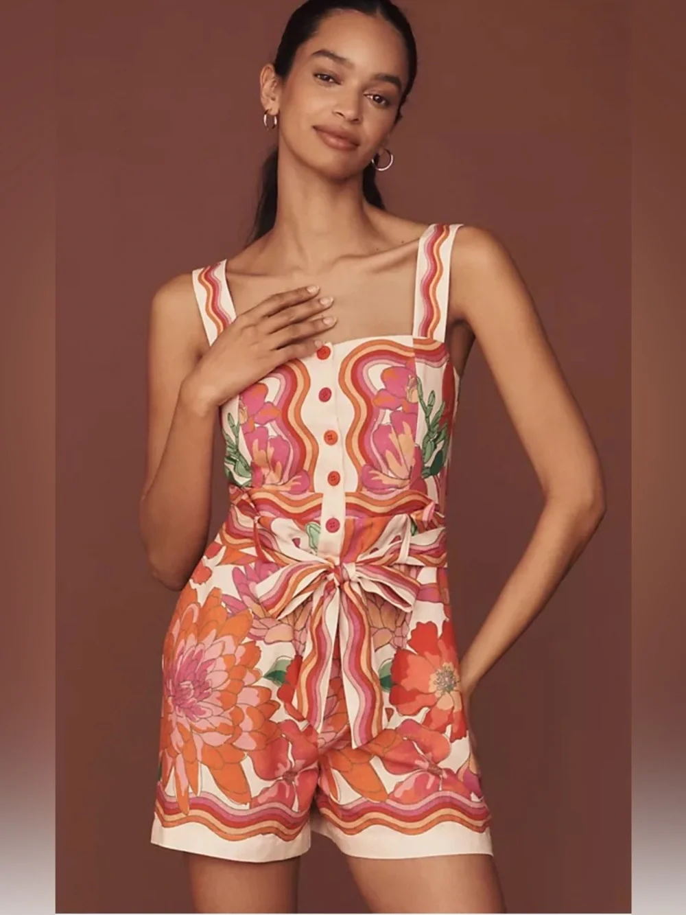 Farm Rio Spring Affair Linen-Blend Sleeveless Square-Neck Romper SIZE XL NWT - Picture 1 of 12